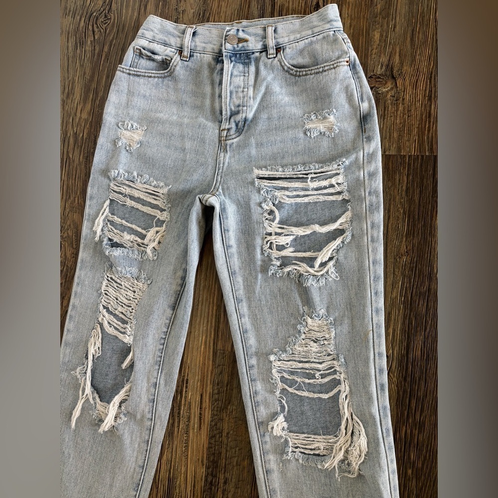 PacSun High Rise Straight Jeans Womens 25 Button Fly Distressed Lt Blue Denim - Picture 11 of 13